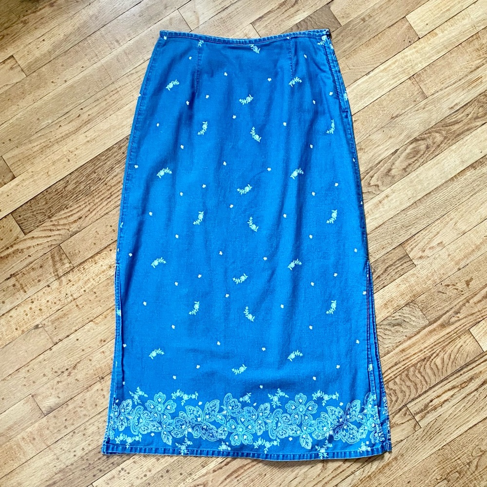 Liz Claiborne | Blue Cotton White Floral Print Side Zipper Midi Skirt Side Slits